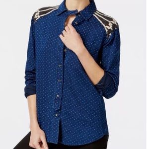 Free People Sage Western shirt navy blue button front long sleeve